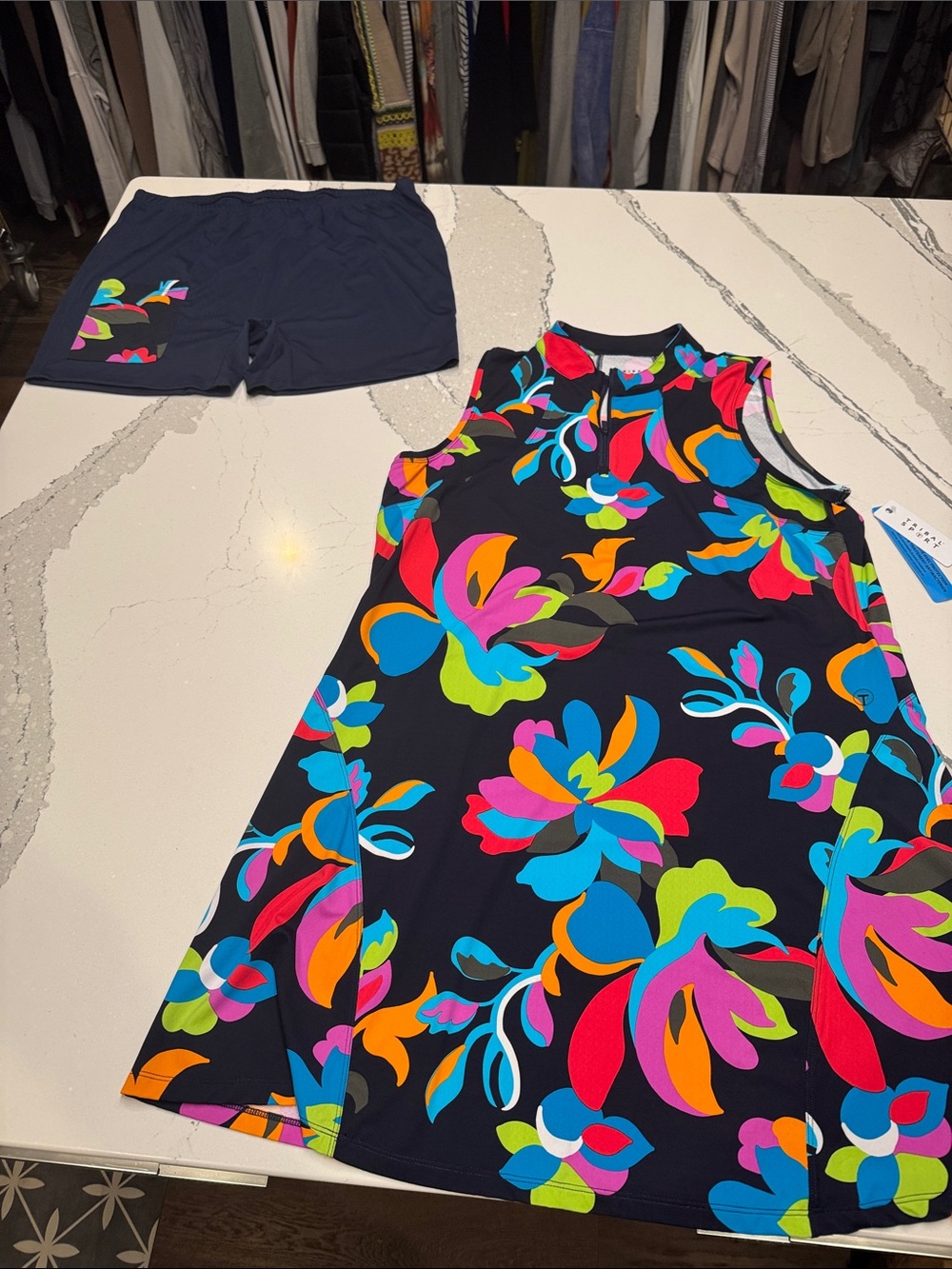 Tribal Black Sleeveless Midi Dress with Bright Multicolor Floral Print W/Shorts